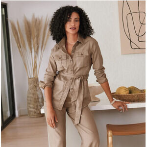 LEVEL 99 NWT Evereve Emme Belted Linen Blend Utility Jacket in Tan // S